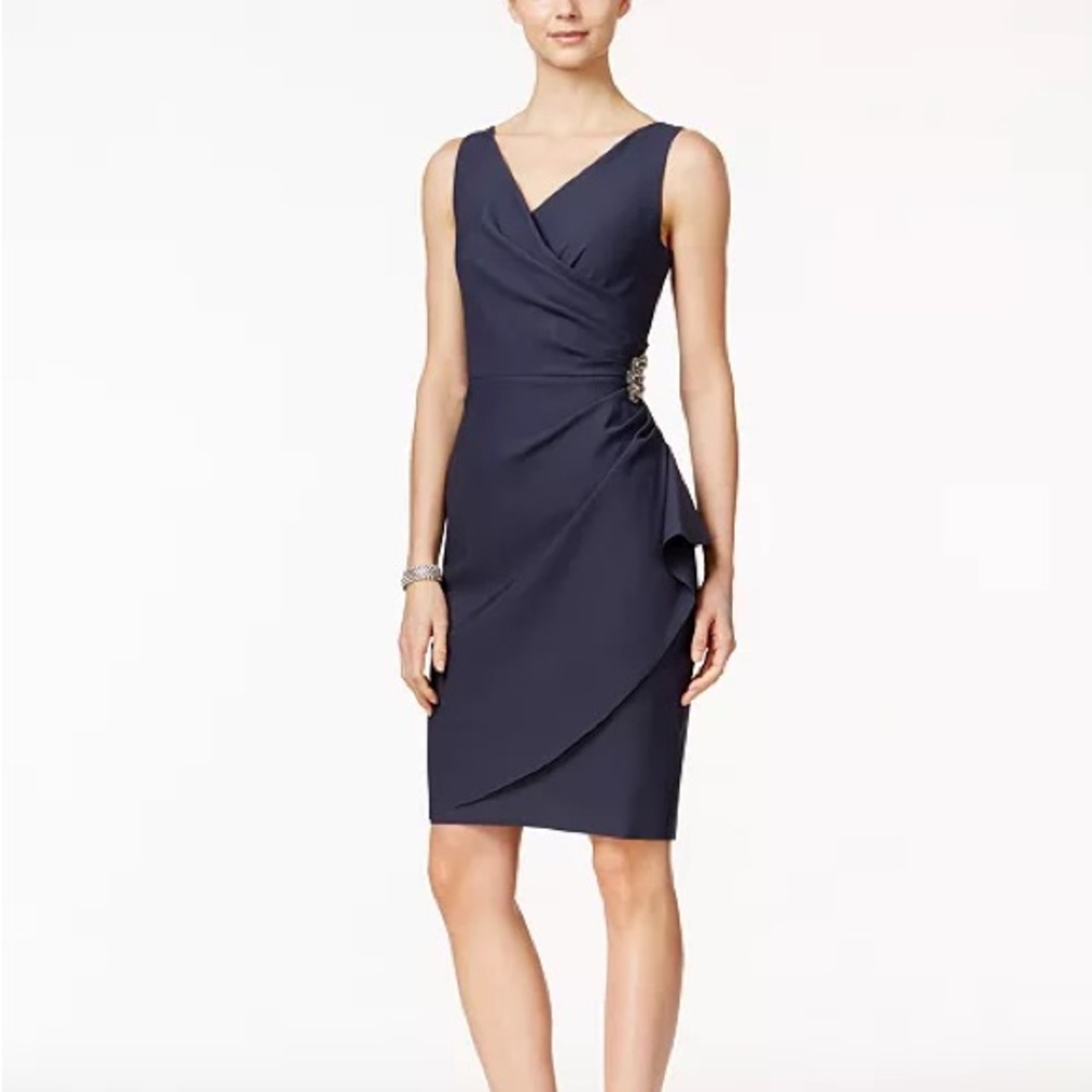 Alex Evenings Blue Ruched Asymmetrical Sheath Dress